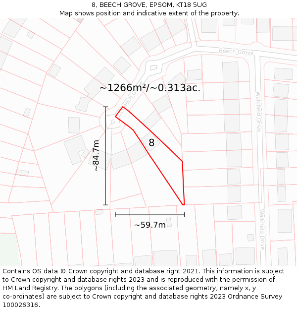 8, BEECH GROVE, EPSOM, KT18 5UG: Plot and title map