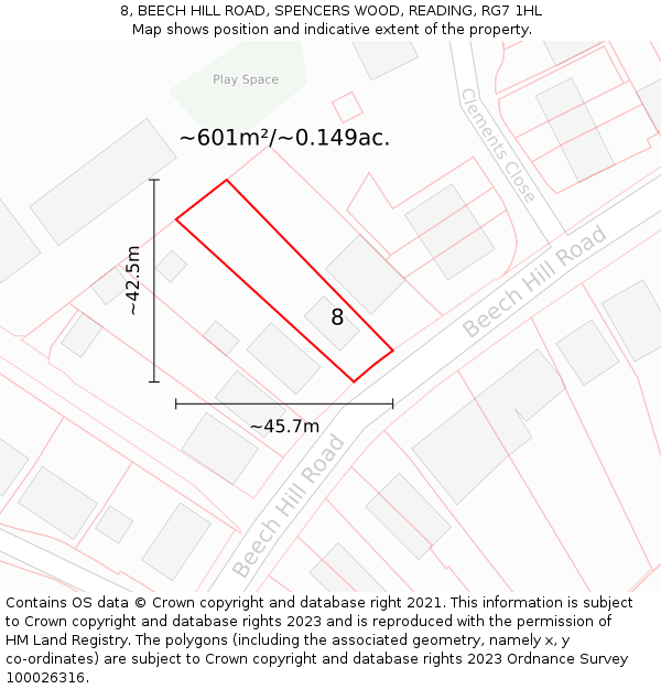 8, BEECH HILL ROAD, SPENCERS WOOD, READING, RG7 1HL: Plot and title map