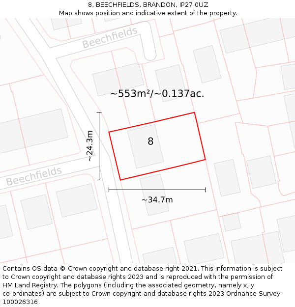 8, BEECHFIELDS, BRANDON, IP27 0UZ: Plot and title map