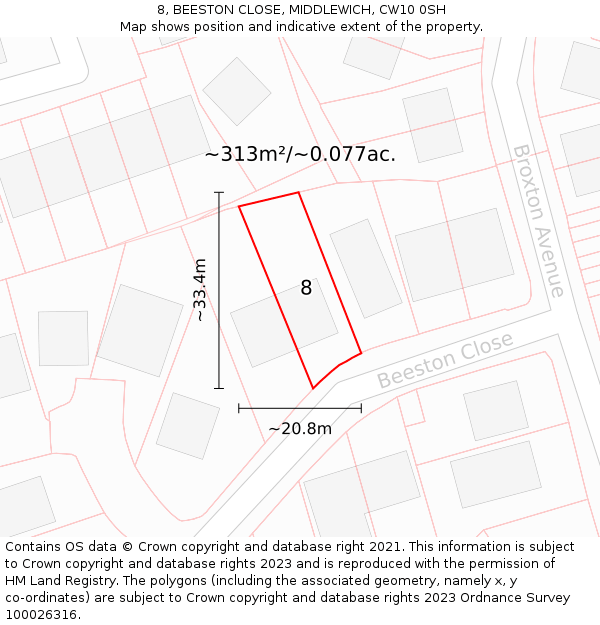 8, BEESTON CLOSE, MIDDLEWICH, CW10 0SH: Plot and title map