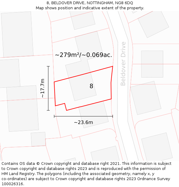 8, BELDOVER DRIVE, NOTTINGHAM, NG8 6DQ: Plot and title map
