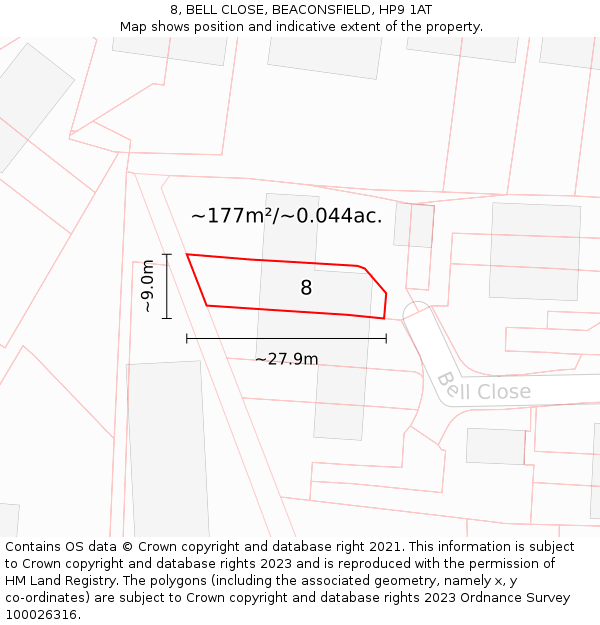 8, BELL CLOSE, BEACONSFIELD, HP9 1AT: Plot and title map