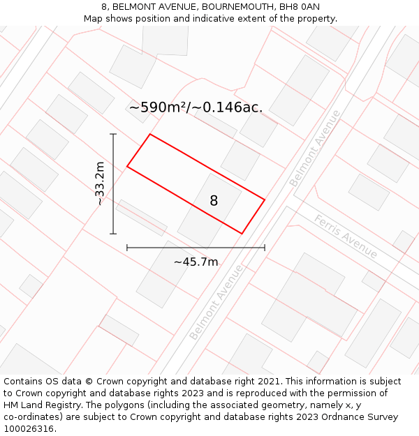 8, BELMONT AVENUE, BOURNEMOUTH, BH8 0AN: Plot and title map
