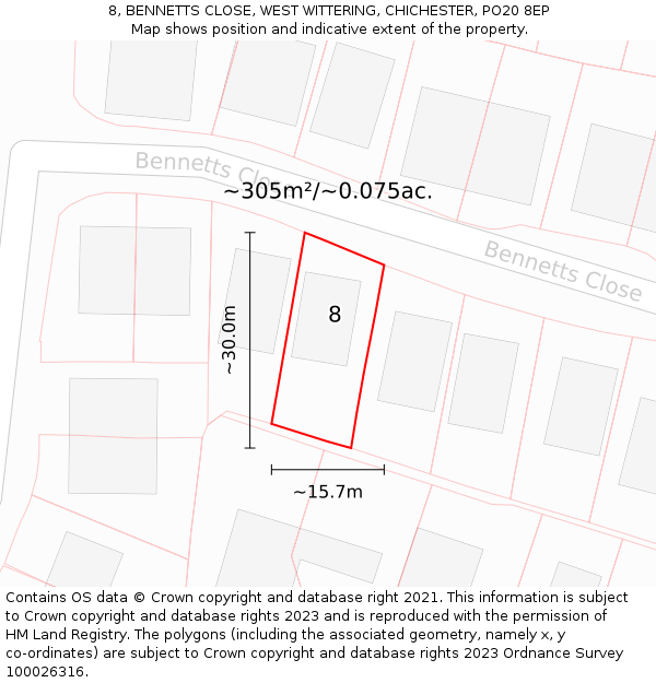 8, BENNETTS CLOSE, WEST WITTERING, CHICHESTER, PO20 8EP: Plot and title map