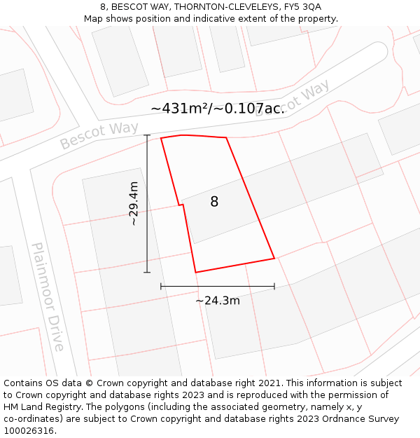 8, BESCOT WAY, THORNTON-CLEVELEYS, FY5 3QA: Plot and title map