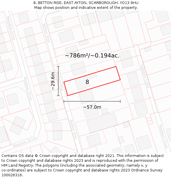 8, BETTON RISE, EAST AYTON, SCARBOROUGH, YO13 9HU: Plot and title map