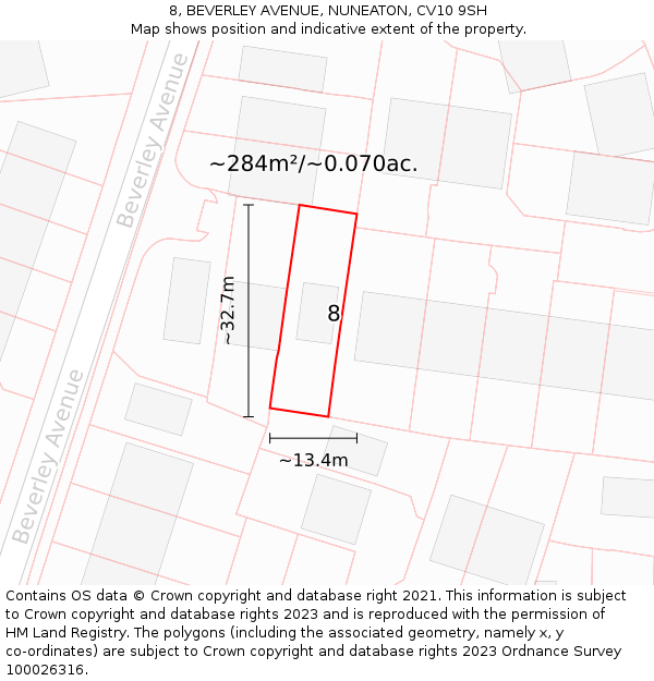 8, BEVERLEY AVENUE, NUNEATON, CV10 9SH: Plot and title map