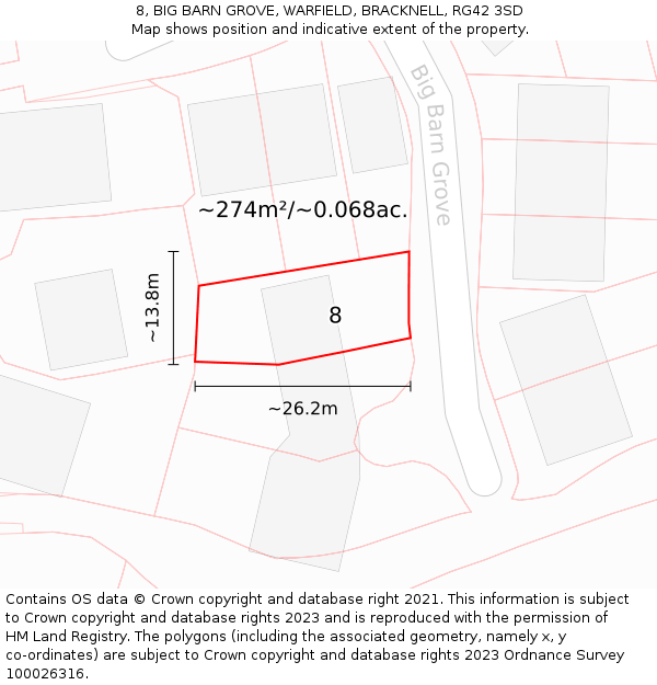 8, BIG BARN GROVE, WARFIELD, BRACKNELL, RG42 3SD: Plot and title map