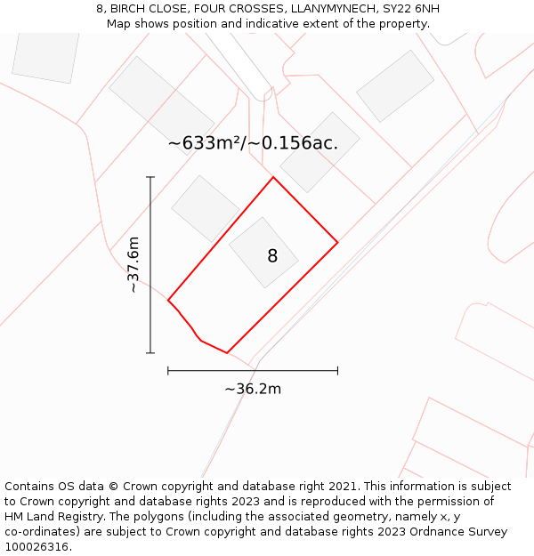 8, BIRCH CLOSE, FOUR CROSSES, LLANYMYNECH, SY22 6NH: Plot and title map