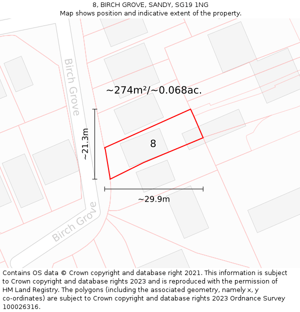 8, BIRCH GROVE, SANDY, SG19 1NG: Plot and title map