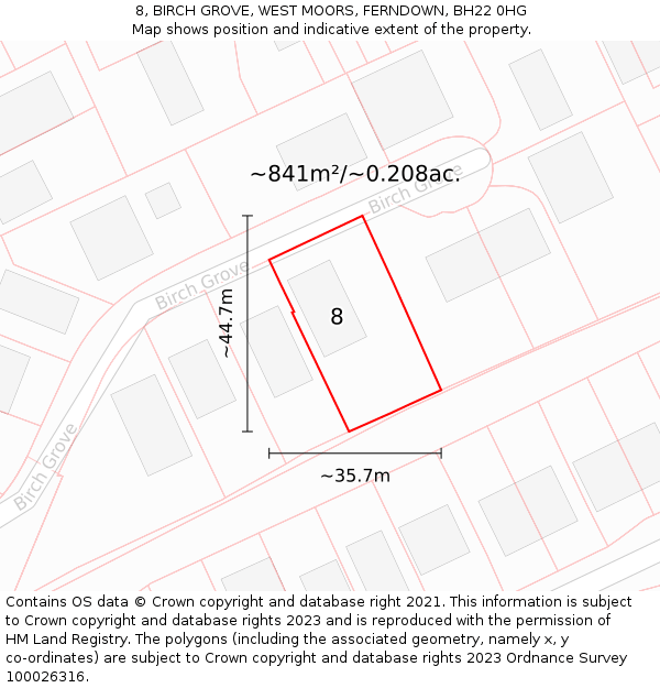 8, BIRCH GROVE, WEST MOORS, FERNDOWN, BH22 0HG: Plot and title map