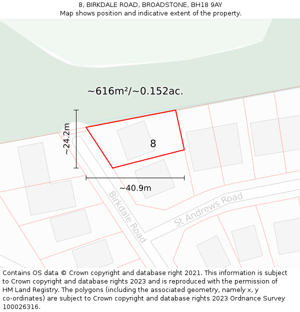 8, BIRKDALE ROAD, BROADSTONE, BH18 9AY: Plot and title map