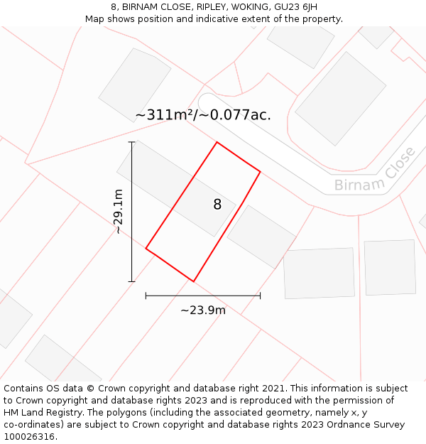 8, BIRNAM CLOSE, RIPLEY, WOKING, GU23 6JH: Plot and title map