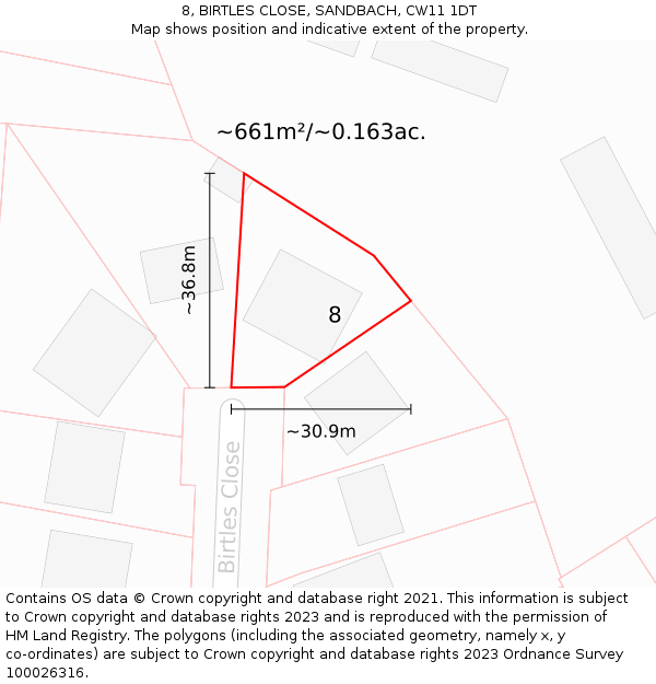 8, BIRTLES CLOSE, SANDBACH, CW11 1DT: Plot and title map