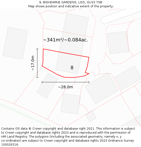 8, BISHEARNE GARDENS, LISS, GU33 7SB: Plot and title map