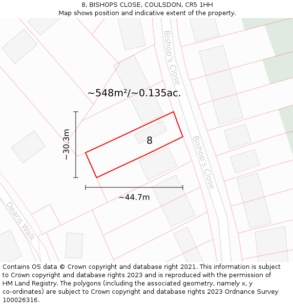 8, BISHOPS CLOSE, COULSDON, CR5 1HH: Plot and title map