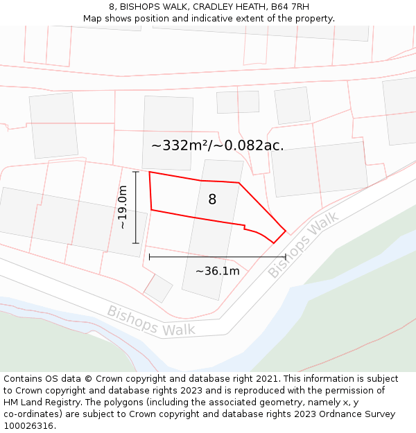 8, BISHOPS WALK, CRADLEY HEATH, B64 7RH: Plot and title map