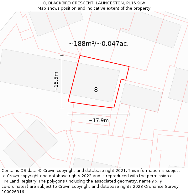 8, BLACKBIRD CRESCENT, LAUNCESTON, PL15 9LW: Plot and title map