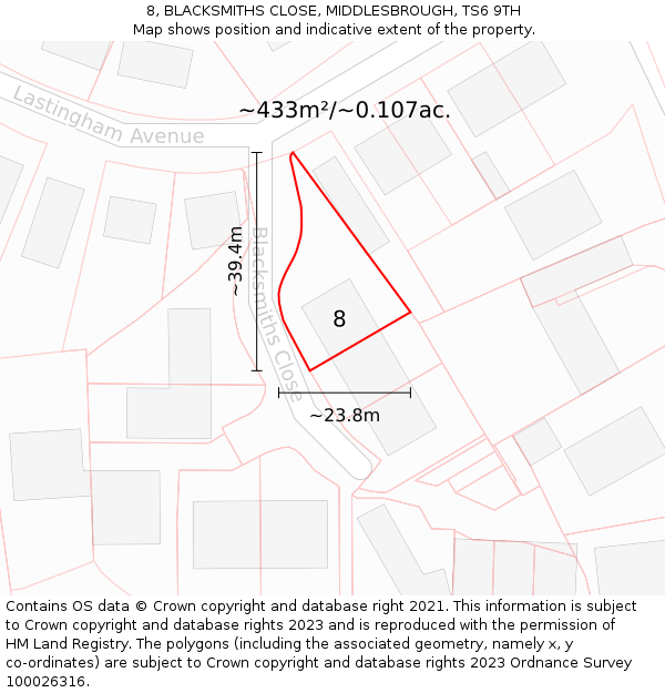 8, BLACKSMITHS CLOSE, MIDDLESBROUGH, TS6 9TH: Plot and title map