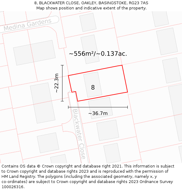 8, BLACKWATER CLOSE, OAKLEY, BASINGSTOKE, RG23 7AS: Plot and title map
