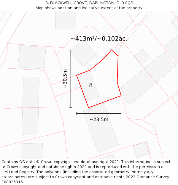 8, BLACKWELL GROVE, DARLINGTON, DL3 8QS: Plot and title map