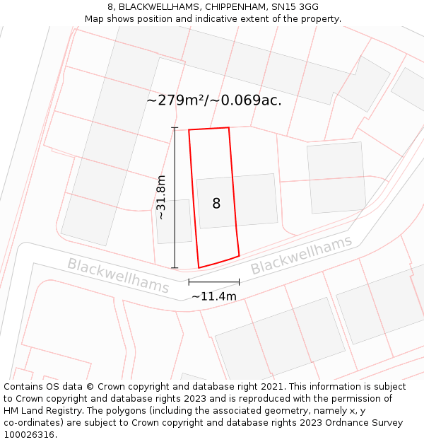 8, BLACKWELLHAMS, CHIPPENHAM, SN15 3GG: Plot and title map