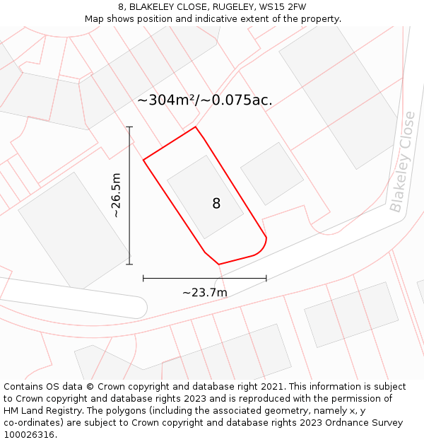 8, BLAKELEY CLOSE, RUGELEY, WS15 2FW: Plot and title map