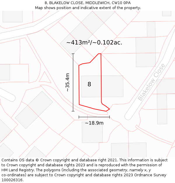 8, BLAKELOW CLOSE, MIDDLEWICH, CW10 0PA: Plot and title map