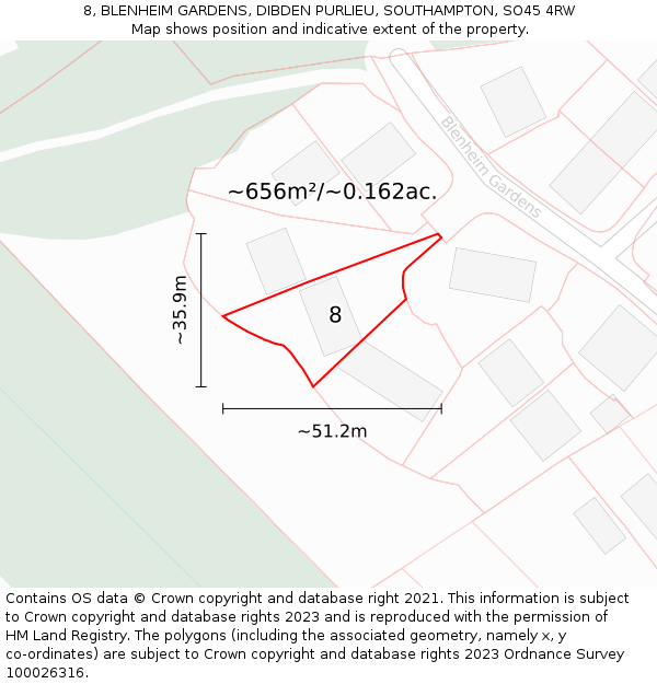 8, BLENHEIM GARDENS, DIBDEN PURLIEU, SOUTHAMPTON, SO45 4RW: Plot and title map