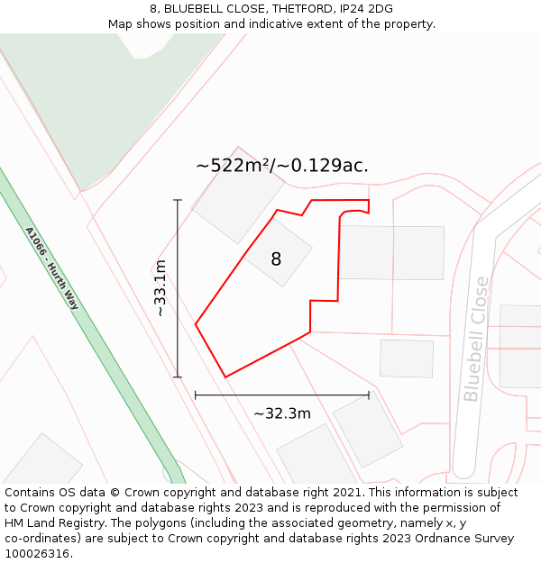 8, BLUEBELL CLOSE, THETFORD, IP24 2DG: Plot and title map