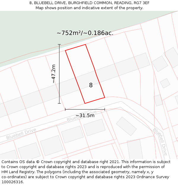 8, BLUEBELL DRIVE, BURGHFIELD COMMON, READING, RG7 3EF: Plot and title map