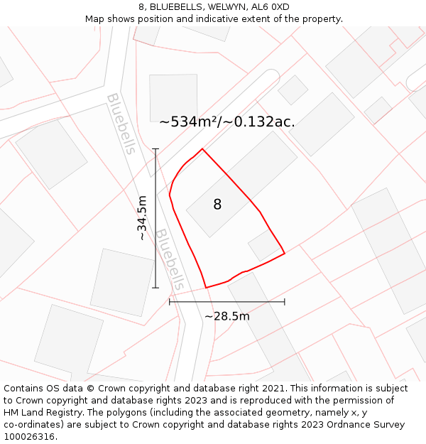 8, BLUEBELLS, WELWYN, AL6 0XD: Plot and title map