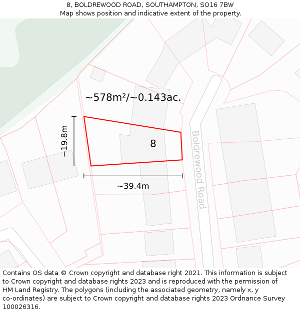 8, BOLDREWOOD ROAD, SOUTHAMPTON, SO16 7BW: Plot and title map