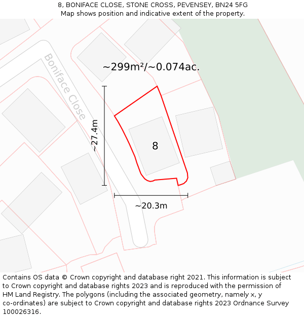 8, BONIFACE CLOSE, STONE CROSS, PEVENSEY, BN24 5FG: Plot and title map