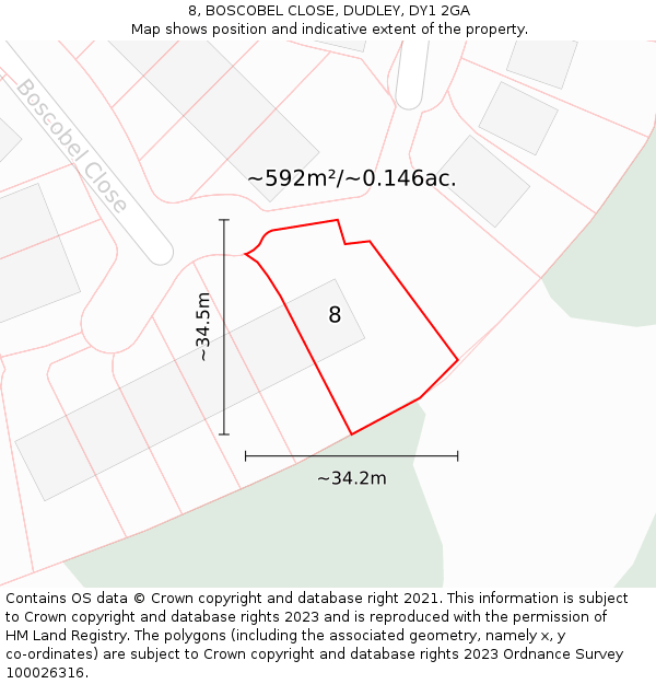 8, BOSCOBEL CLOSE, DUDLEY, DY1 2GA: Plot and title map