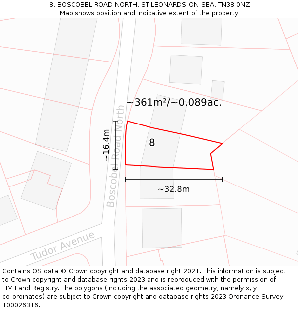 8, BOSCOBEL ROAD NORTH, ST LEONARDS-ON-SEA, TN38 0NZ: Plot and title map