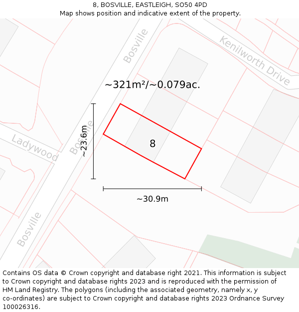 8, BOSVILLE, EASTLEIGH, SO50 4PD: Plot and title map