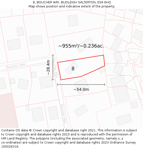 8, BOUCHER WAY, BUDLEIGH SALTERTON, EX9 6HQ: Plot and title map