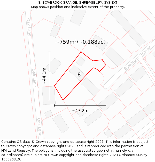 8, BOWBROOK GRANGE, SHREWSBURY, SY3 8XT: Plot and title map