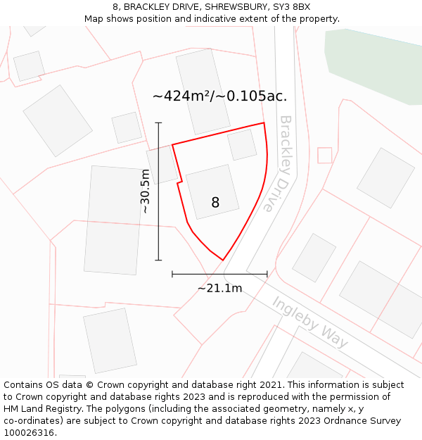 8, BRACKLEY DRIVE, SHREWSBURY, SY3 8BX: Plot and title map