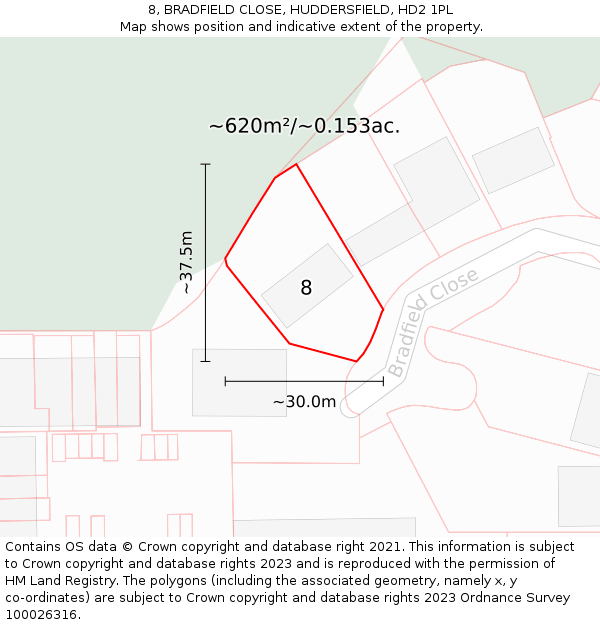 8, BRADFIELD CLOSE, HUDDERSFIELD, HD2 1PL: Plot and title map