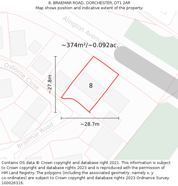 8, BRAEMAR ROAD, DORCHESTER, DT1 2AR: Plot and title map