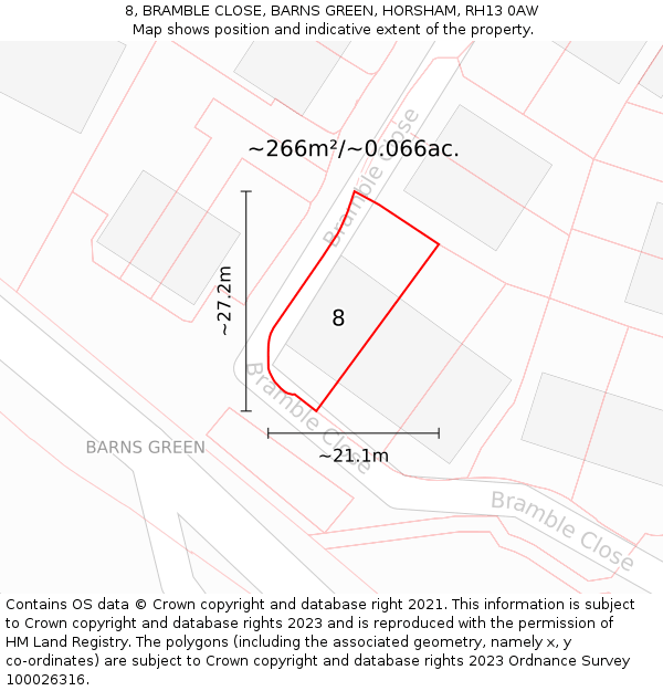 8, BRAMBLE CLOSE, BARNS GREEN, HORSHAM, RH13 0AW: Plot and title map