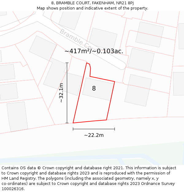 8, BRAMBLE COURT, FAKENHAM, NR21 8PJ: Plot and title map