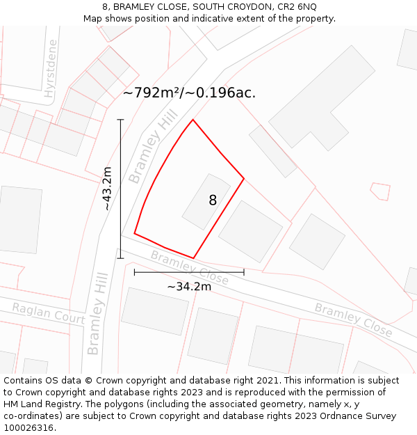 8, BRAMLEY CLOSE, SOUTH CROYDON, CR2 6NQ: Plot and title map