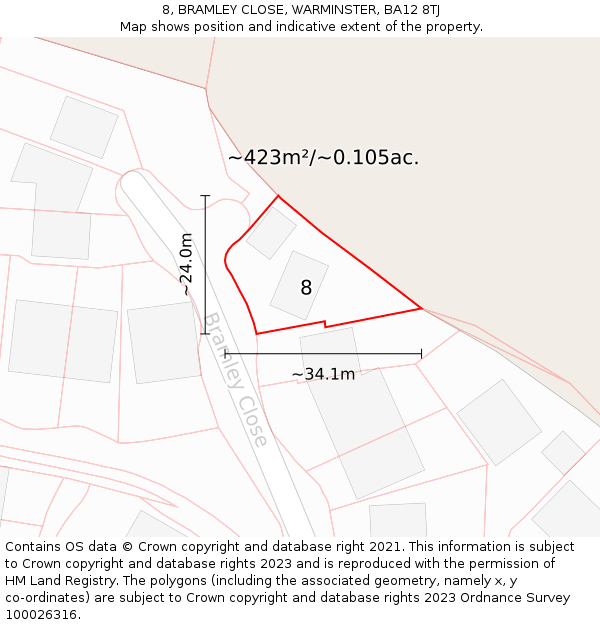 8, BRAMLEY CLOSE, WARMINSTER, BA12 8TJ: Plot and title map