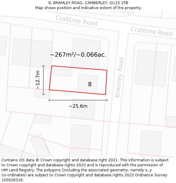 8, BRAMLEY ROAD, CAMBERLEY, GU15 2TB: Plot and title map