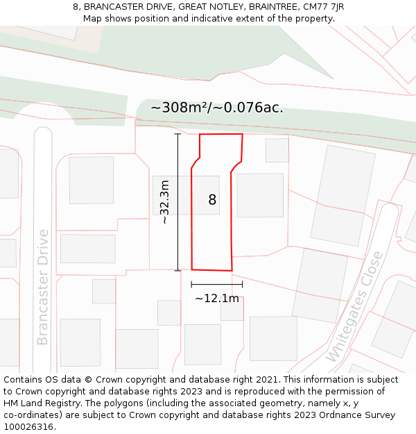 8, BRANCASTER DRIVE, GREAT NOTLEY, BRAINTREE, CM77 7JR: Plot and title map