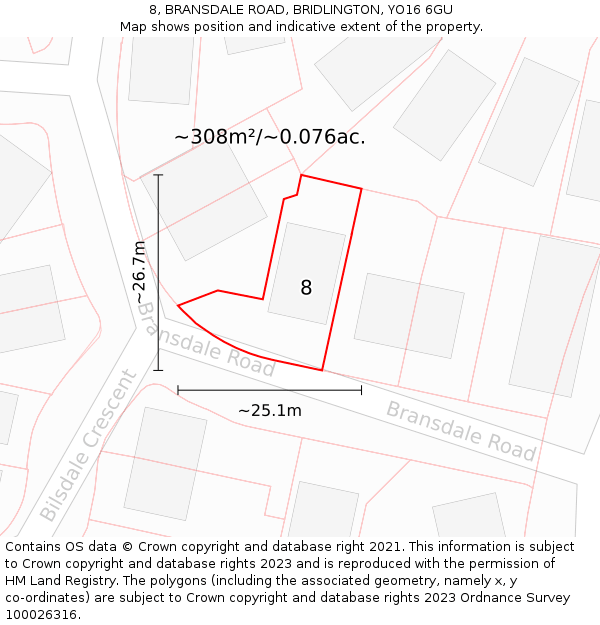 8, BRANSDALE ROAD, BRIDLINGTON, YO16 6GU: Plot and title map