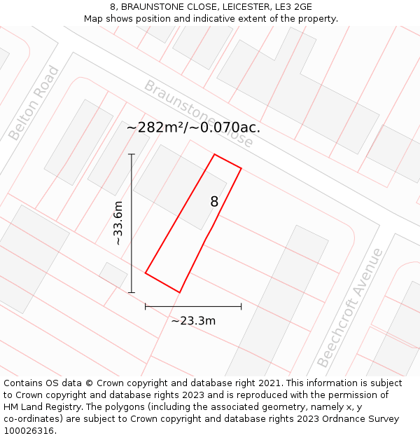 8, BRAUNSTONE CLOSE, LEICESTER, LE3 2GE: Plot and title map